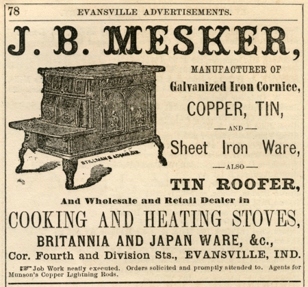 Advertisement for J.B. Mesker from the 1874 Evansville City Directory.